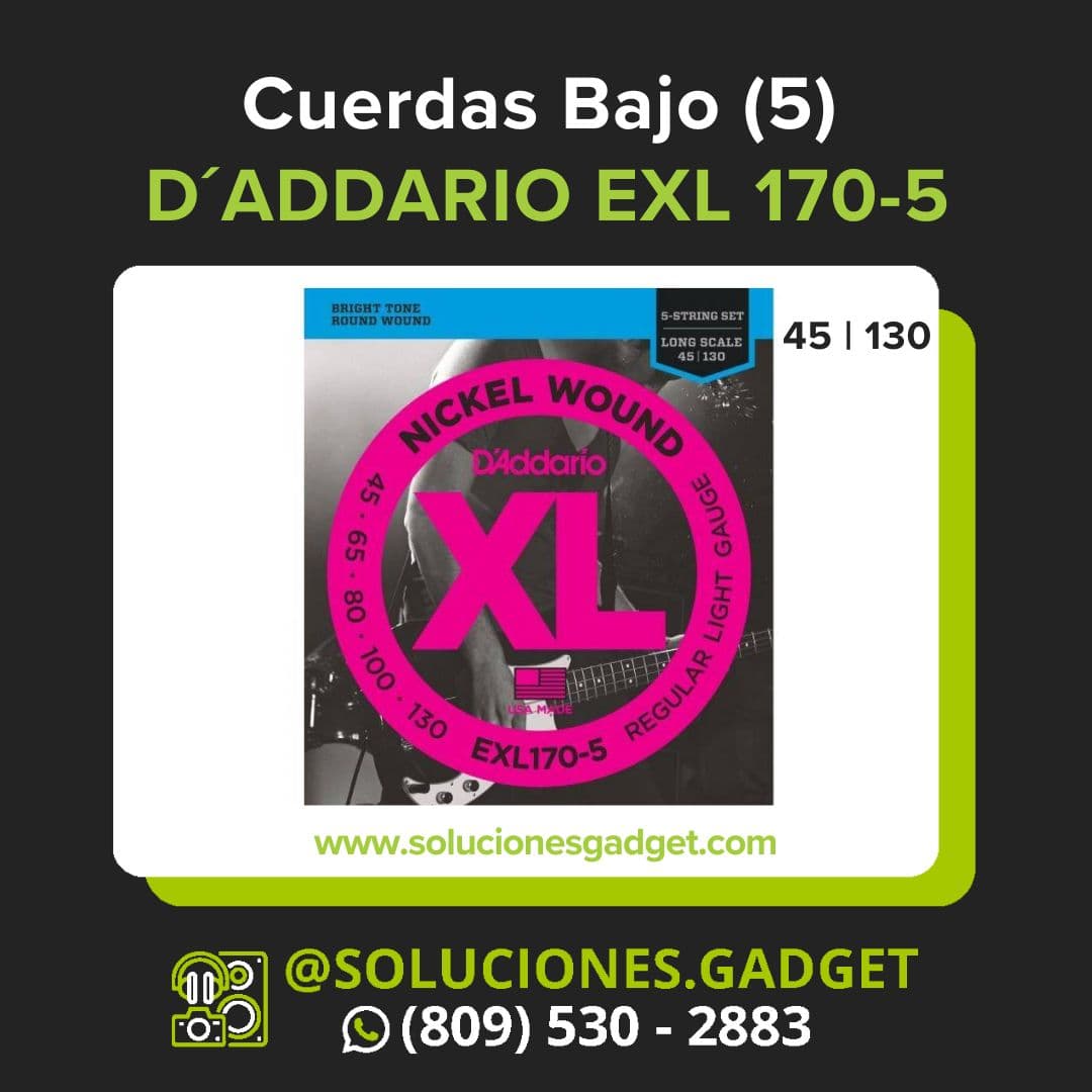 D'Addario EXL170-5 — Cuerdas de Níquel para Bajo Eléctrico 5 Cuerdas Light
