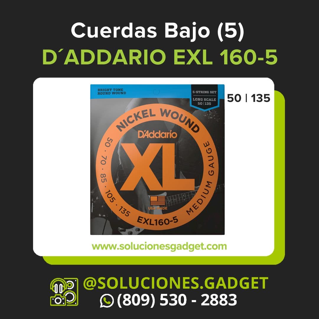 D'Addario EXL160-5 — Cuerdas de Níquel para Bajo Eléctrico 5 Cuerdas Medium